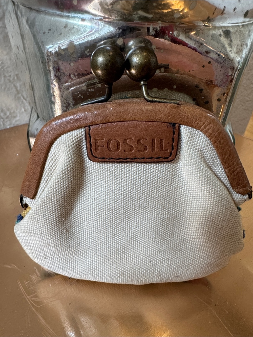 Fossil Embroidered Coin Purse – Cream, Pink, Teal & Mustard - Picture 2 of 3